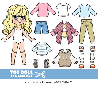 Cartoon blong girl with wavy hair and clothes separately -   long sleeves,  shirts, jeans and sneakers