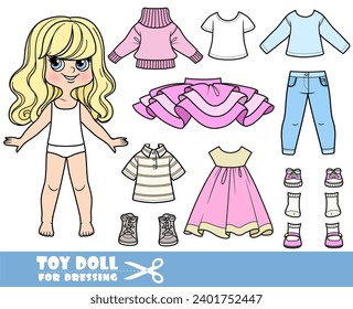 Caricatura de chica rubia con pelo ondulado y ropa por separado - suéter, manga larga, falda de tutu, vestido casual de verano, camisa, jeans y zapatillas