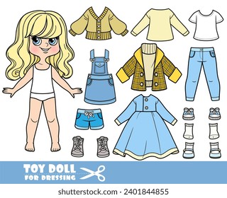 Cartoon blong girl with wavy hair and clothes separately -   long sleeve, casual dress, short coat, shirt, short shorts, denim sundress, jeans and sneakers