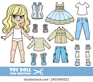 Cartoon blong girl with wavy hair and clothes separately -   long sleeve, insulated vest, sundress, shirt, Jean jacket, jeans and sneakers