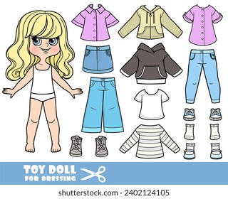 Cartoon blong girl with wavy hair and clothes separately - long sleeve, shirt, jacket, jeans and sneakers