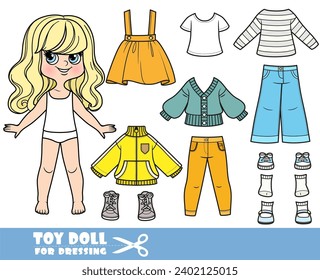 Cartoon blong girl with wavy hair and clothes separately -   stripped long sleeve, shirt, jacket, jeans, boots and sneakers