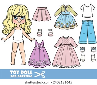 Cartoon blong girl with wavy hair and clothes separately - elegant and casual dresses, skirt, shirt, jeans and sneakers