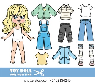 Cartoon blong girl with wavy hair and clothes separately - cardigan, denim overalls, shirt, jacket, jeans and sneakers