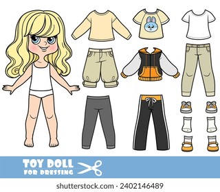 Cartoon blong girl with wavy hair and clothes separately - breeches, long sleeves,shirt, sports suit, jeans and sneakers