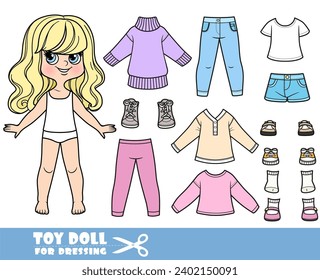 Cartoon blong girl with wavy hair and clothes separately - tunic, short shorts, warm sweater, leggings, long sleeves,shirt, jeans and sneakers