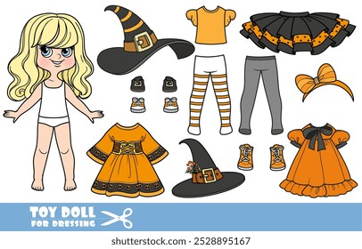 Cartoon blong girl with wavy hair and clothes separately -   elegant witch costume constructor with hats, tights and orange dresses. Image produced without the use of any form of AI software at any st