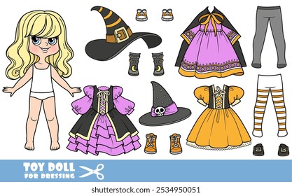 Cartoon blong girl with wavy hair and clothes separately -   elegant witch costume constructor with hats, tights and dresses.  Image produced without the use of any form of AI software at any stage