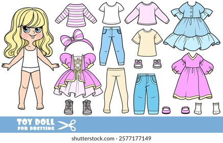 Cartoon blong girl with wavy hair and clothes separately -  summer wardrobe with an elegant dress