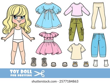 Cartoon blong girl with wavy hair and clothes separately -  summer wardrobe with tights, dresses and jeans