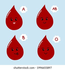 Cartoon blood type A, AB, O and B with kawaii design. Vector illustration.