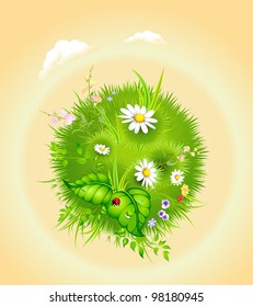 cartoon blossoming globe with a green tree and grass