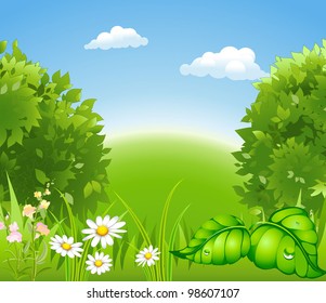 cartoon blossoming nature with a green tree and grass