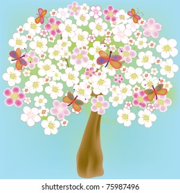  Cartoon blossoming spring tree with butterflies