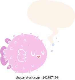 cartoon blowfish with speech bubble in retro style