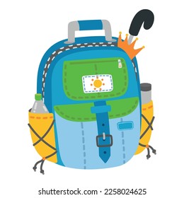 Mochila azul de dibujos animados, ilustración vectorial para niños