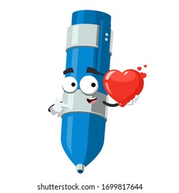 cartoon blue ballpoint pen character mascot keeps the heart on white background