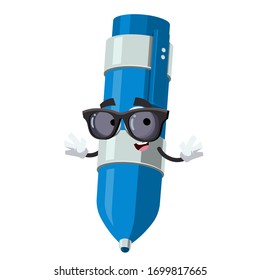 cartoon blue ballpoint pen character mascot in black sunglasses on a white background