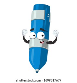 cartoon blue ballpoint pen mascot shows its strength on a white background