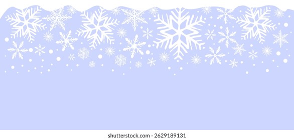 Cartoon blue banner showing snow falling from the top and white snowflakes design vector illustration. Drawing of a cold winter background for seasonal cards