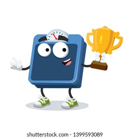 cartoon blue bathroom floor scales mascot holds the number one cup on white background