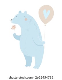 Desenho Animado De Urso Azul Com Balão E Flor Minúscula Em Um Fundo Branco. Cartão Vetor De Chuveiro De Bebê Bonito Para Baby Boy. Arte De Berçário Para Meninos. Cartão de Dia dos Namorados com Urso Segurando Balão com Coração. RGBanguage