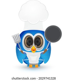 cartoon blue bird with chef outfit and tools