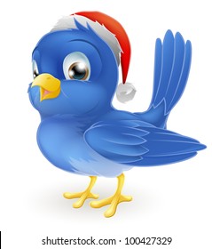 A cartoon blue bird in Christmas Santa hat illustration