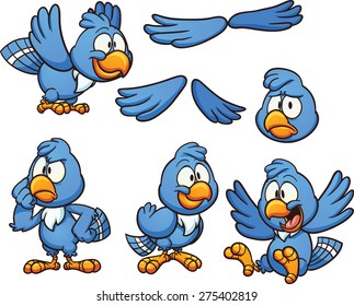 Cartoon blue bird in different poses. Vector clip art illustration with simple gradients. Some of the bird's heads and bodies are on separate layers. 