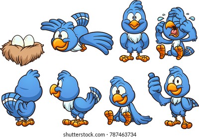 Cartoon blue bird in different positions. Vector clip art illustration with simple gradients. Some elements on separate layers.  
