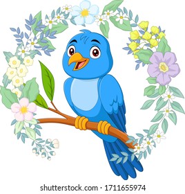 Cartoon blue bird on tree branch with flowers background