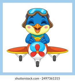 Cartoon blue bird riding a plane