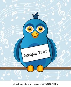 Cartoon blue bird with a sign around his neck 