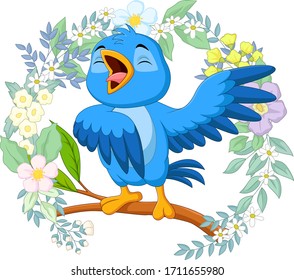 Cartoon Blue Bird Singing On Tree Branch