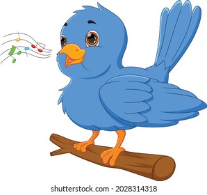 cartoon blue bird singing on white background