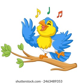 Cartoon blue bird singing on tree branch
