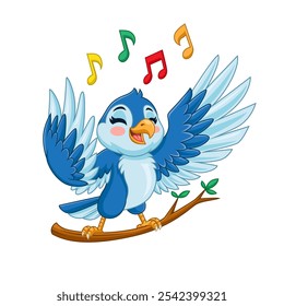 Cartoon blue bird singing on tree branch