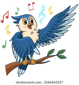 Cartoon blue bird singing on tree branch