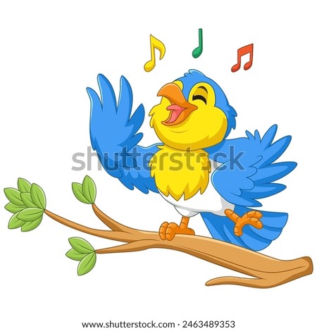 Cartoon blue bird singing on tree branch
