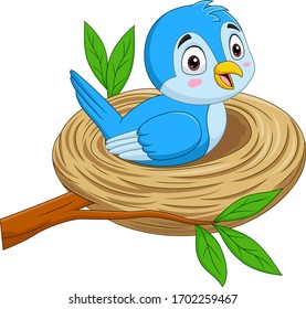 Cartoon blue bird sitting in a nest