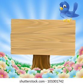 Cartoon blue bird sitting on a wooden sign board in a flower meadow