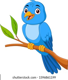 Cartoon blue bird sitting on tree branch