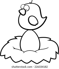 A cartoon blue bird sitting on an egg in a nest.