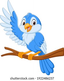 Cartoon Blue Bird Waving On Tree Branch