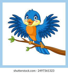 Cartoon blue bird waving on tree branch