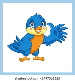 Cartoon blue bird waving on white background