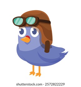 Cartoon blue bird wearing brown aviator helmet and goggles is looking up