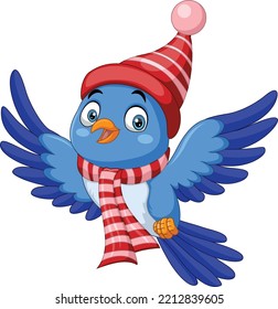 Cartoon blue bird wearing christmas santa hat and scarf