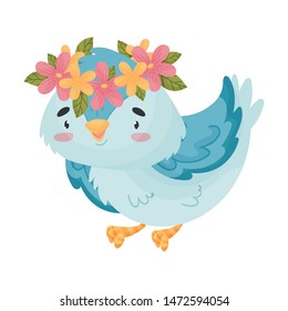 Cartoon blue bird with a wreath. Vector illustration on white background.