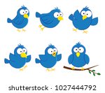 Cartoon blue birds character set with different poses. Vector illustration isolated on white background.
